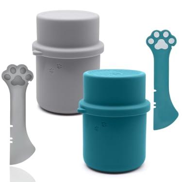 Imagem de DORUI Recipiente de armazenamento original de comida enlatada para cães e uma colher de lata | Capa de silicone para animais de estimação e espátula abridor em forma de pata fofa | Livre de BPA