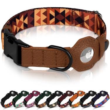 Imagem de Coleira para cães AirTag com fivela de metal - Coleira de couro macio de nylon impresso com suporte Apple AirTag - Coleiras de rastreamento seguro para animais de estimação para meninas e meninos