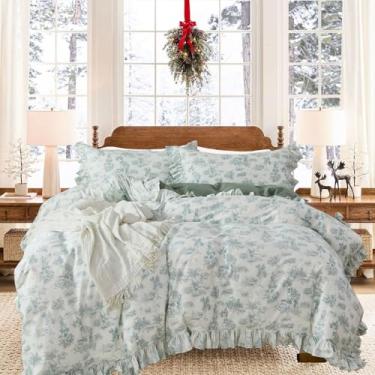 Imagem de Brandream Conjunto de capa de edredom French Country Toile tamanho casal para quarto de meninas vintage verde toile estampa floral 100% algodão delicado babados franja macia e respirável, 3 peças de