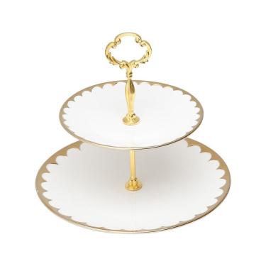 Imagem de Porta Doces De Porcelana 2 Andares Paddy Branco E Dourado 19/27 X 24 Cm Wolff