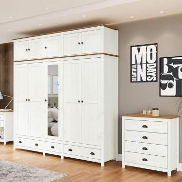 Imagem de Conjunto Quarto: Guarda-roupa 10 Portas, Cômoda 4 Gavetas Branco/freijó Topázio Madeira Pinus - Finestra