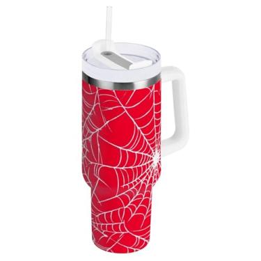 Imagem de Copo com isolamento duplo 1,134 g com tampa e canudo, copo de café de viagem vermelho teia de aranha