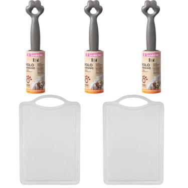 Imagem de Conjunto de 2 Tábua Branca Plástica de Corte para Alimentos + 3 Rolo Adesivo Tira Pelos Pet 60 Folhas