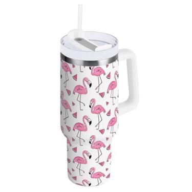 Imagem de Copo com isolamento duplo Flamingo melancia com tampa e canudo, caneca isolada grande