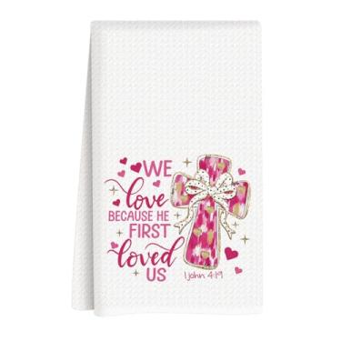 Imagem de ASDFKVFR Toalhas de cozinha para o dia dos namorados, decorações de dia dos namorados, presente para ela, namorado, namorada, versículo bíblico cristão rosa, toalhas de prato cruzadas, presentes de