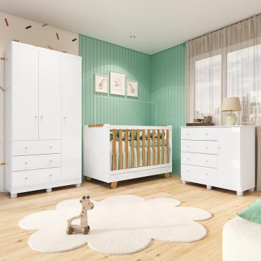 Imagem de Quarto de Bebê Completo com Guarda-roupa 3 Portas Cômoda e Berço 4em1 Minicama em MDF Zuri Móveis Peroba - Branco Brilho/Amendoa/Branco Brilho