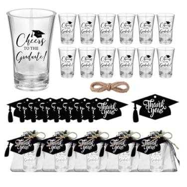 Imagem de JarThenaAMCS 50 conjuntos de lembrancinhas de festa de formatura para convidados boné preto graduado óculos transparentes etiquetas de agradecimento sacos de organza com corda para artigos de festa de