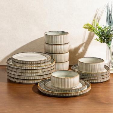 Imagem de GBHOME Conjunto de pratos e tigelas de cerâmica de esmalte reativo redondo, altamente resistente a arranhões | Conjunto de pratos seguros para lava-louças e micro-ondas, serviço para 6 (24 peças