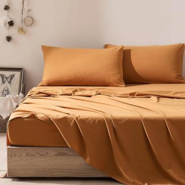 Imagem de JELLYMONI Jogo de cama King Size 4 peças algodão caramelo fácil de encaixar 40,6 cm bolso profundo 100% algodão lavado macio respirável (1 lençol com elástico, 1 lençol de cima, 2 fronhas)