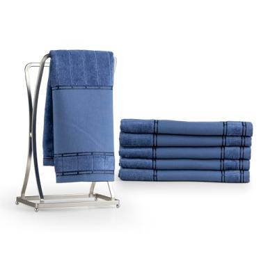 Imagem de Kit 6 Toalhas de Lavabo, 100% Algodão, Azul, Adulto, 30 x 50 cm, Canelada, Aveludada com Barra Lisa para Pintura e Bordado, 420g/m²