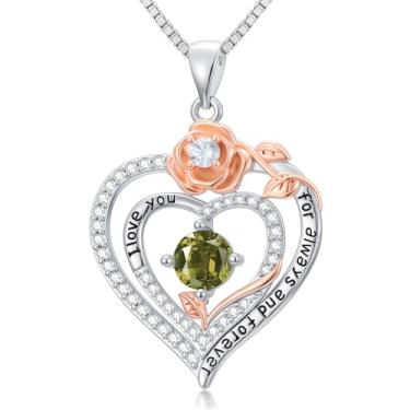 Imagem de WYDDO Colares de coração rosa para mulheres, mãe, pedra do mês de nascimento, pingente, aniversário, Natal, Dia dos Namorados, joias presentes para sua esposa, filha, mãe, One Size, Base, Pedra do mês