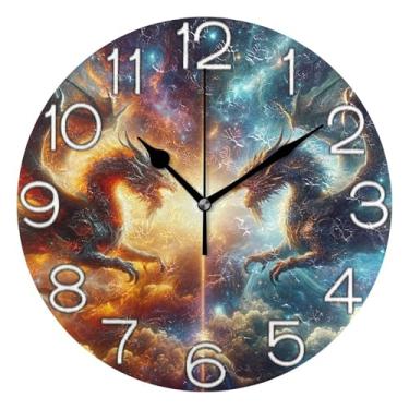 Imagem de GAIGEO Relógio de parede analógico decorativo divertido alimentado por bateria relógio de escritório cozinha, arte de parede moderna legal decoração de casa, dragões brilhantes desenho animado, 25 cm