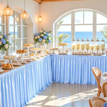 Imagem de Saia de mesa de cetim azul bebê de 3,5 m, tecido de elastano brilhante para mesas retangulares/redondas, saia de mesa plissada, saia de mesa sem rugas para cozinha doméstica, mesa de dormitório de