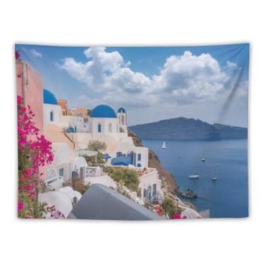 Imagem de Tapeçaria de igreja de cúpula azul buganvílias rosa à beira-mar veleiros Cliffside Village vibrante vista costeira decoração de parede para casa sala de estar quarto tapeçarias 76 x 101 cm