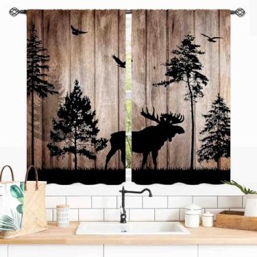 Imagem de Cortinas de veado para casa de fazenda, silhueta retrô rústica de pinheiro, cabana, chalé, madeira, vintage, blackout para janela, tratamentos para cozinha, quarto, sala de estar, 2 painéis, 139 x 99