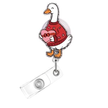 Imagem de Carretel de crachá de dia dos namorados, lindo crachá de acrílico de ganso para crachá de identificação, suporte de crachá retrátil telescópico engraçado, acessórios de clipe de jacaré com design de