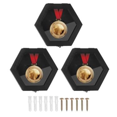 Imagem de PATIKIL Caixa de exibição de medalha de 3 peças, moldura de exibição de medalha de madeira, suporte de parede hexagonal para crachá de polícia de maratona, moeda, prêmio, corredores, esportes, natação