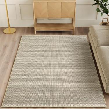 Imagem de COSOSA Tapete antiderrapante de juta sintética, tapete lavável de 5 x 7 cm para sala de estar, quarto, entrada, tapete durável resistente a arranhões, branco + camelo