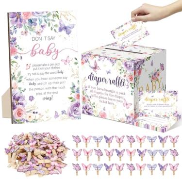 Imagem de 102 peças de suprimentos de jogo de chá de bebê de borboleta incluem 50 bilhetes de sorteio de fraldas, 1 caixa de cartão de sorteio de fraldas, 1 placa de bebê Don't Say e 50 mini prendedores de