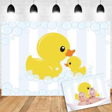 Imagem de OERJU Pano de fundo para fotos de pato de borracha para chá de bebê, fundo de pato e bolhas de borracha amarela para fotografia, chá de bebê, recém-nascidos, decoração de festa de aniversário, faixa