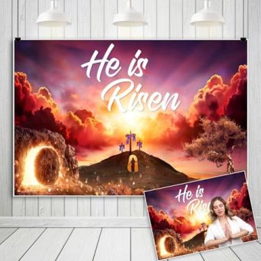 Imagem de OERJU Pano de fundo religioso de Páscoa He is Risen para fotografia cruz cristã Páscoa Jesus ressurreição fundo igreja dia de páscoa decorações de festa banner cabine de fotos 2,1 x 1,5 m