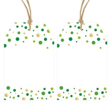 Imagem de Anwyll Etiquetas de presente com cordão - 100 peças de confetes de ouro verde com bolinhas etiquetas de saco de presente personalizadas brancas em branco para pendurar em papel para festa de