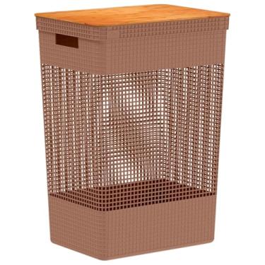 Imagem de Cesto de Roupa Suja Tampa Bambu Grid 49L(Marrom Amendoa)