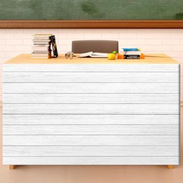 Imagem de Saia de mesa de madeira branca de 1,8 m para professores, capa de mesa para sala de aula, decoração de volta às aulas, toalhas de mesa para o primeiro dia de aula, material escolar, estante de
