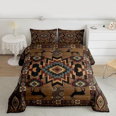 Imagem de Feelyou Conjunto de cama de veado de cabana para meninos e meninas, conjunto de edredom asteca ocidental queen, boêmio, vintage, rústica, floresta, veado, decoração de quarto, marrom queimado com 2