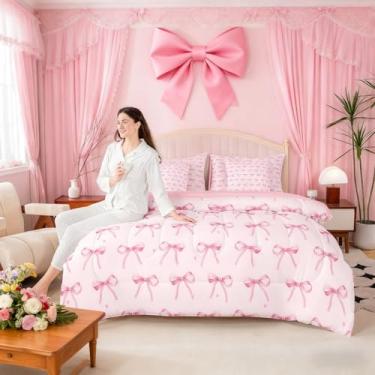 Imagem de Erosebridal Jogo de cama infantil casal com laço de desenho animado, fita rosa, com lençol para meninas, nó de borboleta, princesa, arco de aquarela, 7 peças, decoração de quarto