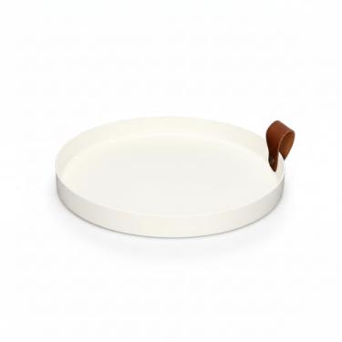 Imagem de Bandeja Decorativa Redonda em Metal, Preta e Branca, com Alça em Couro, 25 cm de Diâmetro x 2,7 cm de Altura, Design Moderno para Servir e Organizar (Branco)