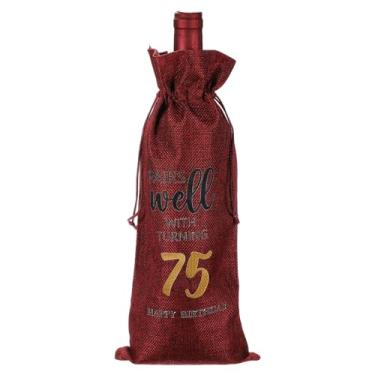 Imagem de PATIKIL Saco de garrafa de vinho para presente de aniversário de 75 anos de 15 x 35 cm, 1 pacote reutilizável para decoração de vinho com cordão para festas de chá de amigos, vermelho