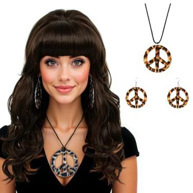 Imagem de MEDISIFA Peruca preta longa encaracolada colmeia peruca vintage com franja para mulheres, fantasia cosplay, vestido extravagante, 60 anos 70, perucas retrô (marrom naturak)