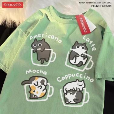 Imagem de Camiseta de Algodão Puro com Estampa de Gato e Flores - Manga Curta - 