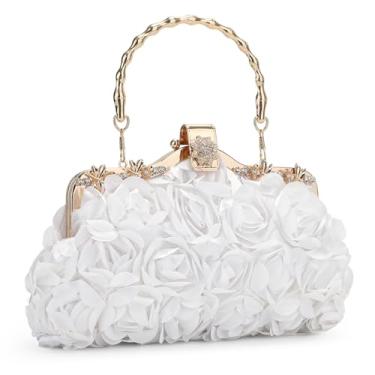 Imagem de UBORSE Bolsa clutch floral feminina, bolsa de mão com alça de corrente, bolsa de ombro para festa, noiva, casamento, formatura, Branco