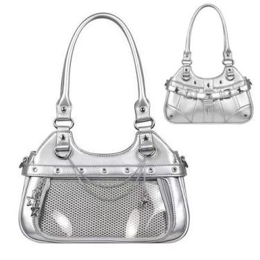 Imagem de Uchyius Bolsa Kawaii, bolsa de ombro de couro PU com inserção de exibição de crachá de anime, bolsa Y2k com alfinete, bolsas transversais, Prata