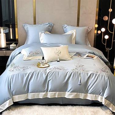 Imagem de Estilo Chinês Algodão Algodão Quatro Peças Estilo Nacional Bordado Floral Borda Borla Algodão Capa de Edredom Roupa de Cama (Cor: Azul A Terno de 4 Peças, Tamanho: 1,5 m) (Azul B Terno de 4 Peças)