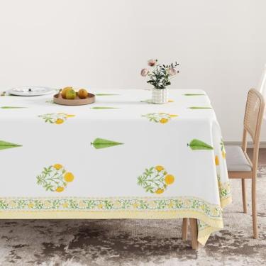 Imagem de Stitch Haven Toalha de mesa Marigold Grove 152 x 274 cm – Estampa de bloco feita à mão, amarelo e verde, 100% algodão, lavável na máquina, toalha de mesa retangular | Coleção de palmeiras e pétalas