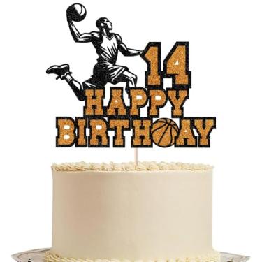 Imagem de Topo de bolo de feliz aniversário com tema de basquete - Artigos de bolo de festa de aniversário de 14 anos com tema de basquete (T14)
