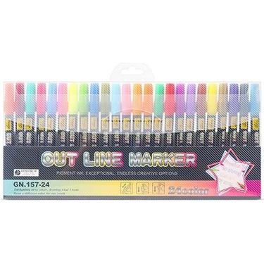 Imagem de zengxiaoyun 24 peças de marcadores deslumbrantes, marcadores de contorno super rabiscos, marcadores metálicos de linha dupla, canetas marcadoras permanentes para arte, desenho, saudação