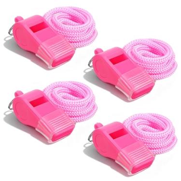 Imagem de Abeillo Pacote com 4 apitos de plástico rosa com cordão e bocal para treinadores, professores, árbitros, situações de emergência e segurança ao ar livre