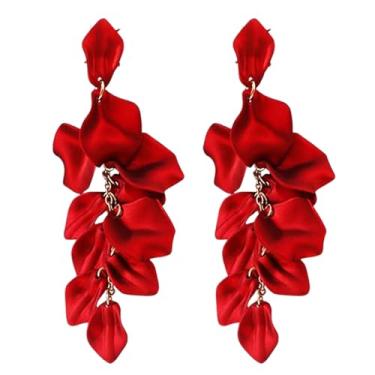 Imagem de Brincos de pétala de rosa longos de acrílico com pingente de flor floral com borla para mulheres, Medium, Metal, Sem pedra preciosa
