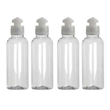 Imagem de Kit 4 Frascos Tampa Push 240ml Viagem Shampoo Creme Sabonete - EonStor