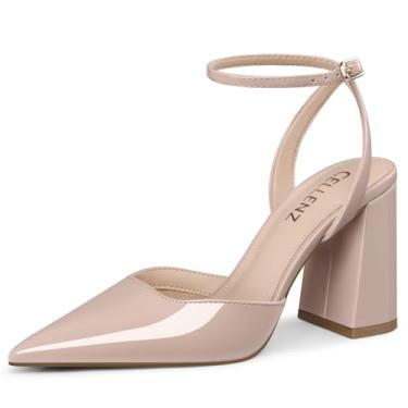 Imagem de CELLENZ Sapatos femininos de salto grosso: 9 polegadas bico fino salto alto - bico fechado com tiras salto sexy, confortável trabalho formal festa dança sapatos tamanho 6-11, Patente 89 Nude, 41