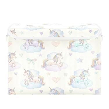 Imagem de Wassud Cestos de armazenamento dobráveis com tampas, cavalos pastel, estrelas, cestos organizadores de tecido dobrável para armário, decoração sazonal de casa 40 x 30 x 30 cm