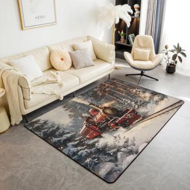 Imagem de Tapete retrô de Natal para crianças, floco de neve, pinheiro, campo, interior, tapete de entrada para meninas e meninos, locomotiva a vapor Choochoo, tapete antiderrapante, sofá cinza, decoração de
