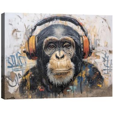 Imagem de Halioyo Arte de parede em tela de macaco grafite, macaco engraçado com decoração de fone de ouvido, arte de rua abstrata moderna para sala de estar, quarto, quarto, dormitório, pintura pronta para
