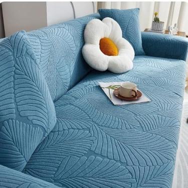 Imagem de Capa de sofá 1, 2, 3, 4 e 5 lugares, protetor móveis veludo grosso luxo, capa cor sólida, elástica para cadeira reclinável(Blue,3-seat 190-230cm)