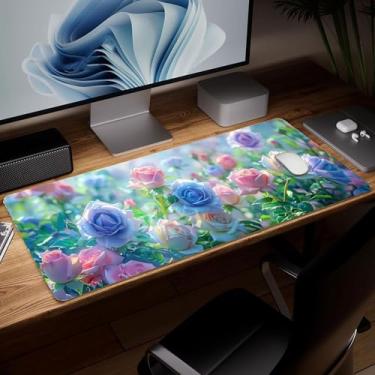 Imagem de Tapete de mesa de flor de couro, mouse pad de arte colorida grande teclado de computador mousepad para jogos à prova d'água protetor e capa de mesa, tapete de mouse decorativo de couro PU para laptop