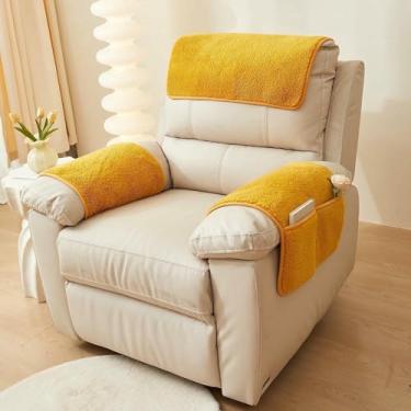 Imagem de Capas para braços de cadeiras com capas para encosto de cabeça para poltronas reclináveis ​​e bolsos de armazenamento. Capa antiderrapante para encosto de cabeça. Capa felpuda para sofá